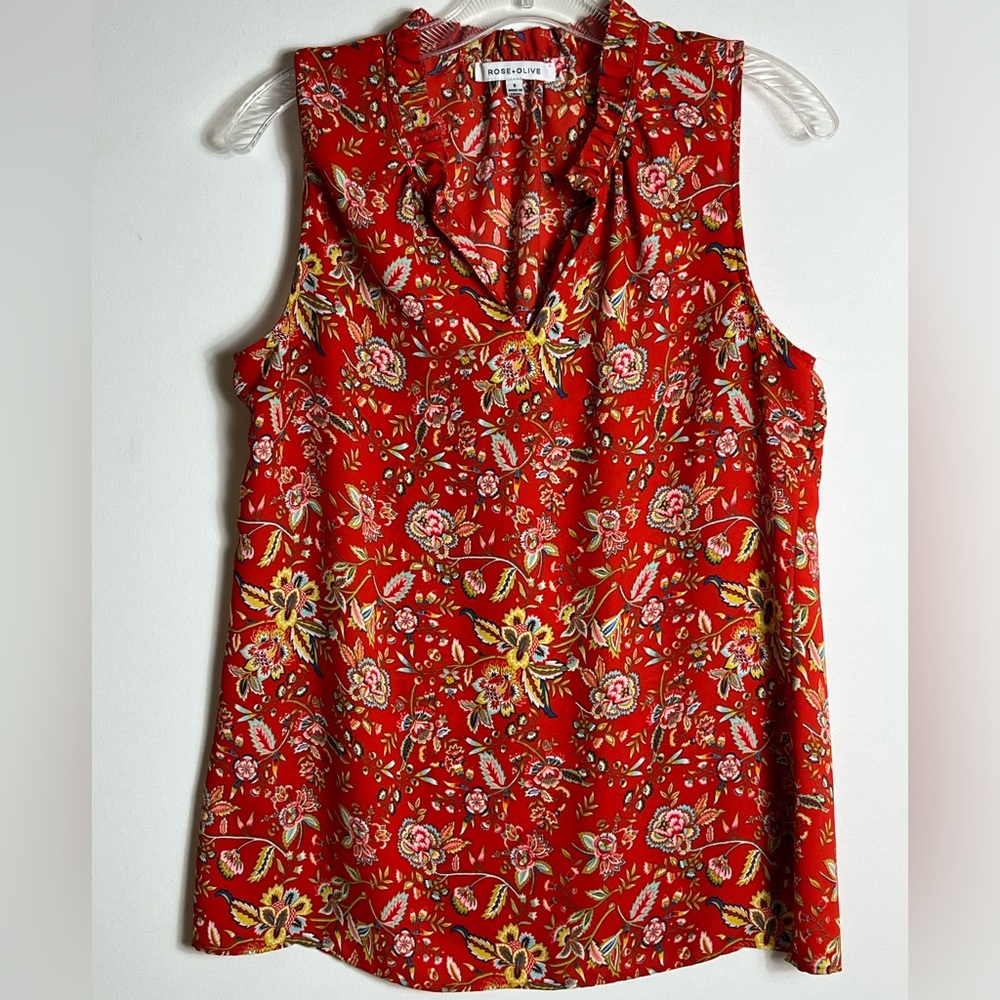 Rose + Olive Women’s Floral Red Yellow Sleeveless Blouse Size S